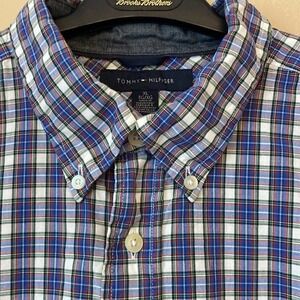 Men shirt Tommy Hilfiger navy red plaid long sleeve button down shirt XL